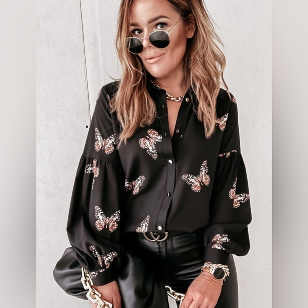 BUTTERFLY PRINT BLACK LONG SLEEVE BUTTON UP BLOUSE Career Size Large